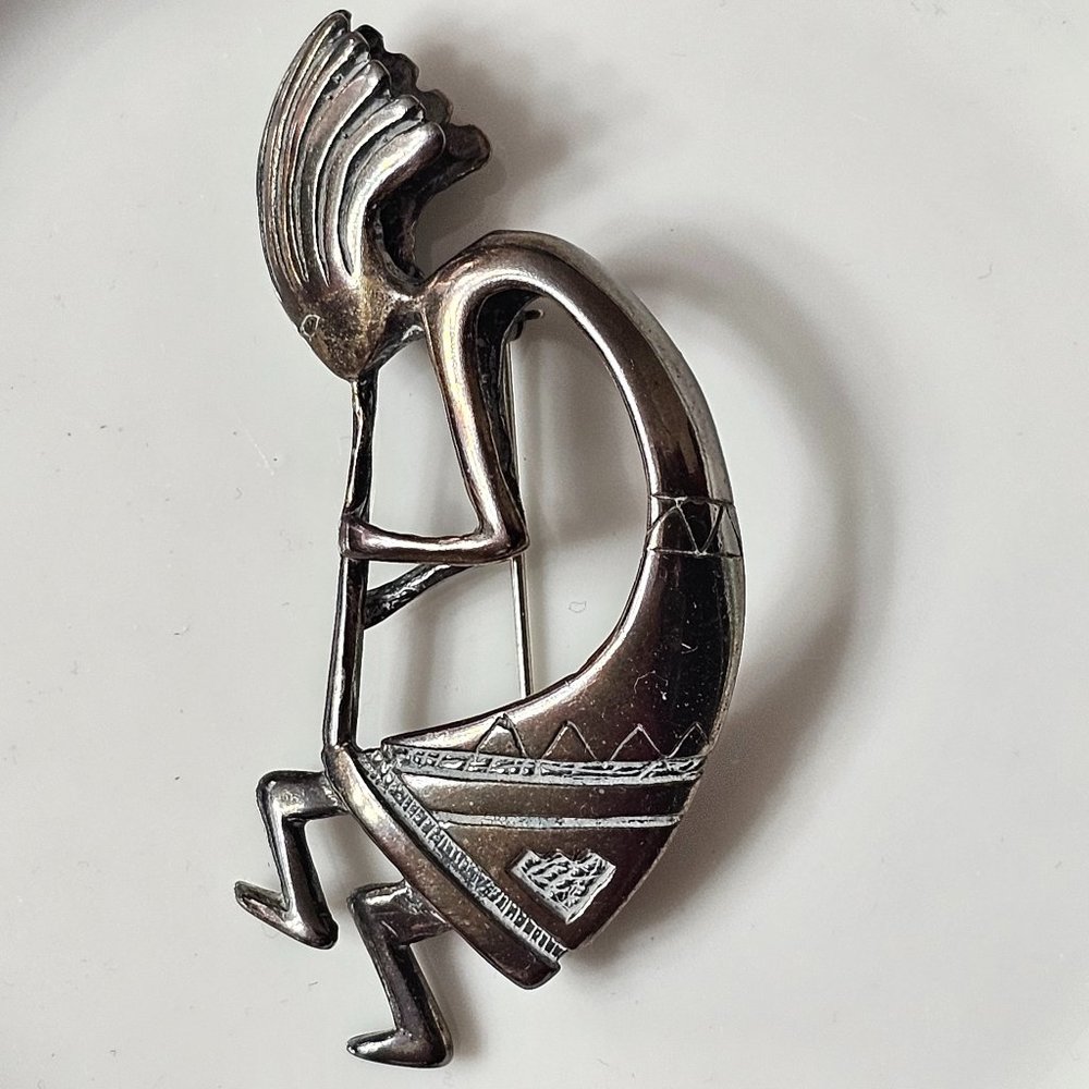 Vintage Large Sterling Silver Brooch Pin Native American Fertility GOD KOKOPELLI